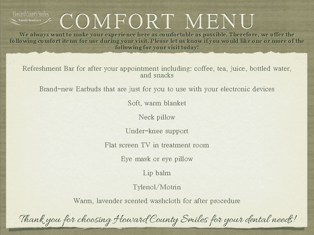 Comfort Menu for dental patients